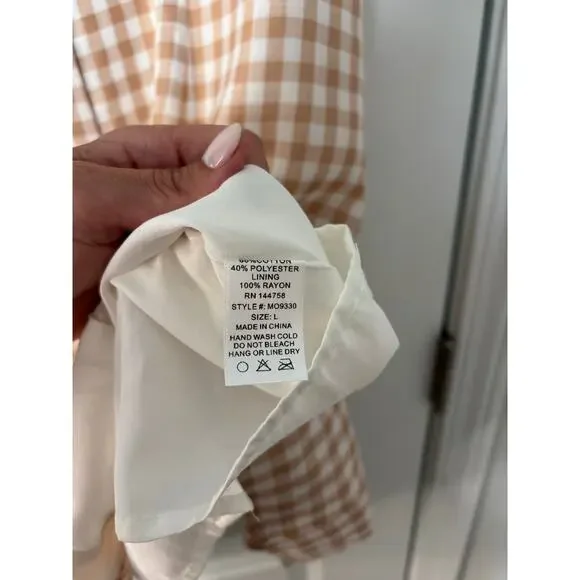 O.T.T Tan White Gingham Button Front Midi Dress Women’s Size Large Cottagecore - Picture 3 of 4